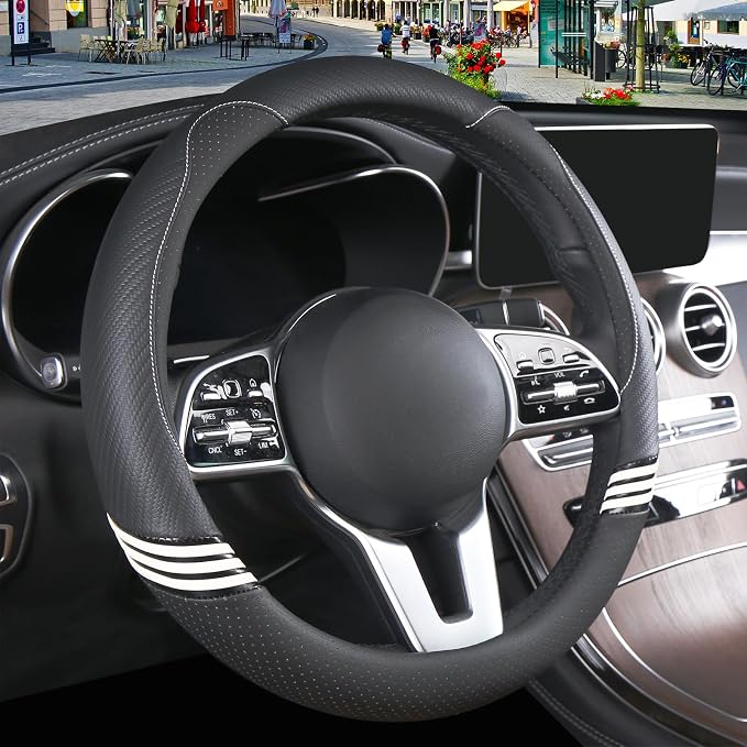 Cute Steering Wheel Cover for Women Men Leather Universal 15 inch,Black