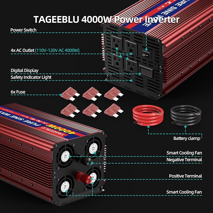 4000W Pure Sine Wave Power Inverter 12V DC to 110V 120V AC for Vehicles | Inverter for Car with 4 AC Outlets and LCD Display, 8000W Peak, Car Converter for Solar, RV, Truck, Home, Off-Grid, Camping