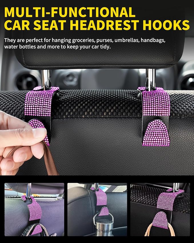4 Pack Blink Diamond Car Seat Headrest Hooks Crystal Rhinestone Car Purse Holder Universal Interior Accessories for Handbags, Water Bottles, Coats, Umbrellas, Pink