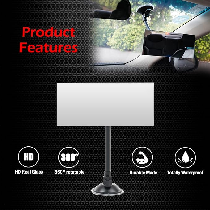 Suction Cup Baby Car Mirror, Adjustabe Long Arm HD Glass Convex Wide Angle Interior Rearview Baby Rear Facing Mirror (Frameless Rectangle, Large, 6.7" X 2.9")