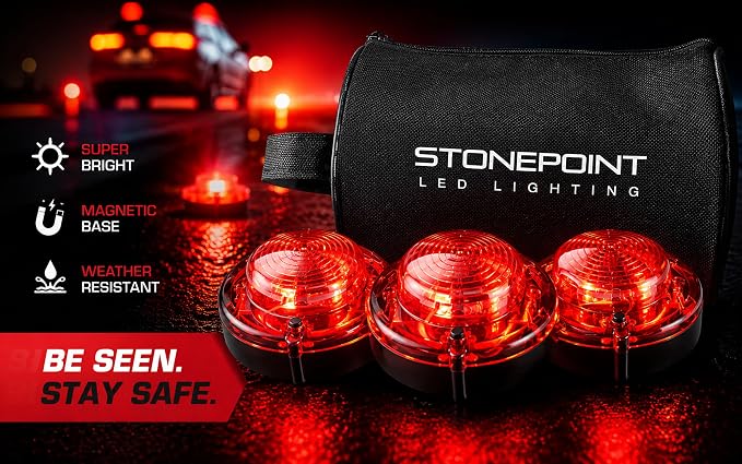 Emergency LED Road Flare Kit Set of 3 LED Bright Roadside Beacons with Magnetic Base Flashing or Steady Red Lights Includes Storage Bag