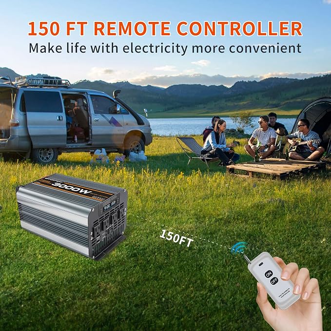 3000w Power Inverter DC 12V to AC 110V/120V Converter with 6000w Peak.Comes with LCD Display, Wireless Controller,4AC outlets 1USB.RV Inverter,Suitable for Camping,and Off-Grid Solar Inverter Systems