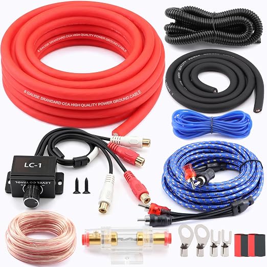 8 Gauge 1200W Amplifier Wiring Kit Complete Amp Installation Kit with LC-1 Remote Bass Control Knob,RCA & Speaker Cables,60A AGU Fuse Holder,Power & Ground Cable for Car Audio Subwoofer Stereo System