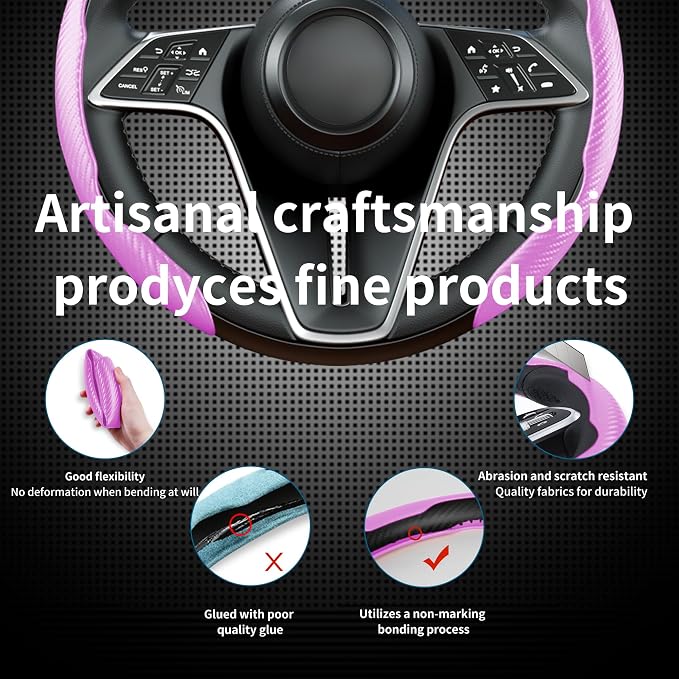 2Pc Carbon Fiber Steering Wheel Cover Universal Fit 99% Cars | Non-slip soft grip, easy to wipe clean, quick to install, perfect for daily commutes and road trips, Pink