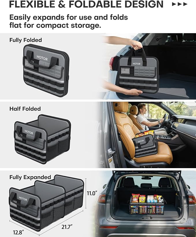 Tactical Car Trunk Organizer - Foldable Trunk Organizer for SUV with Front MOLLE Pocket & Reflective Strips, Essential Car Accessories for Tools & Outdoor Storage, 12.8" x 21.7" x 11.0", Grey