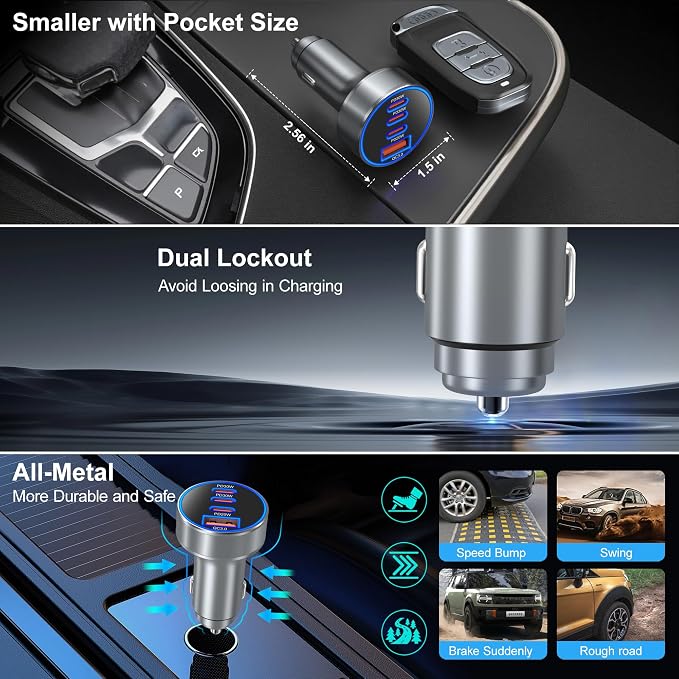 USB C Car Charger, 98W Super Fast Charging Cigarette Lighter Adapter Multiport 12V-24V USB Phone Car Charger Plug for iPhone 17 17e 16 15 14 13 12 Pro Max Pad Galaxy Pixel Android(Gray)