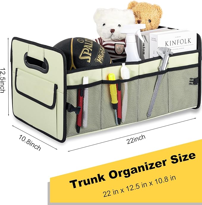 Car Trunk Organizer, Car Organizers and Storage Collapsible Multi Compartment Container Box, Adjustable Car Accessories for SUV Sedan Truck, Standard Size, Light Green