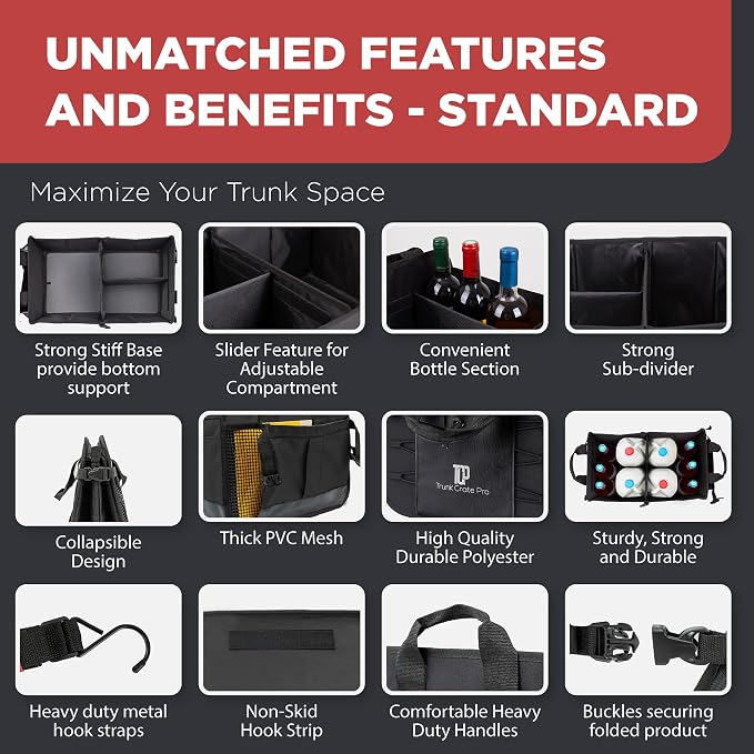Car Organizers and Storage Premium Adjustable Multi Compartments Car Storage Organizer | Portable and Foldable SUV Trunk Organizer for Car (Standard Size, 20.86"L x 13.4"W x 10"H )-Black