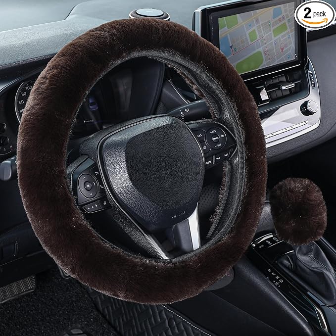 Furry Car Steering Wheel Cover with Gear Shift Cover, Soft and Warm, Cute Fluffy Auto Decor for Women Men, Standard Size, 2 PCS Set, Coffee Brown