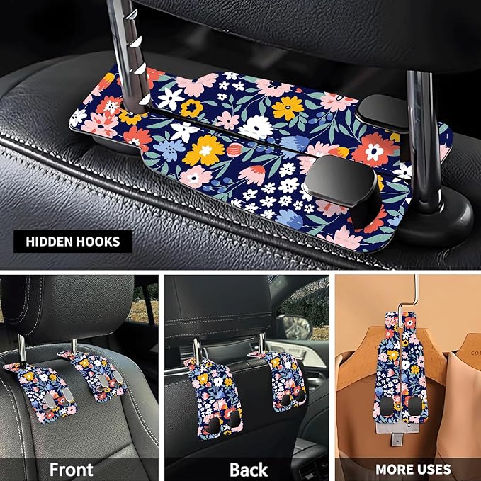 Car Seat Headrest Hook, Universal Leather Cute Hanger Holder Hook, Storage Organizer Interior Accessories for Purse Bags Handbag Cute Purple Flowers