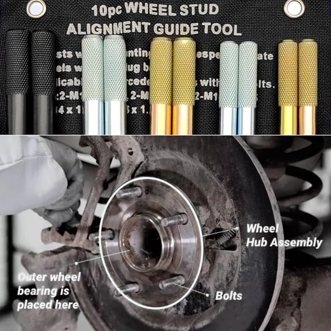 ZKTOOL 10PC Wheel Alignment Pin,Wheel Fixing Bolts Black Wheel Hanger Alignment Pin Guide Tool,Tool for Changing Tires On Cars with Lug Bolts,Include 2PC M12x1.5/1.25, 2PC M14x1.25/1.5, 2PC M15*1.25