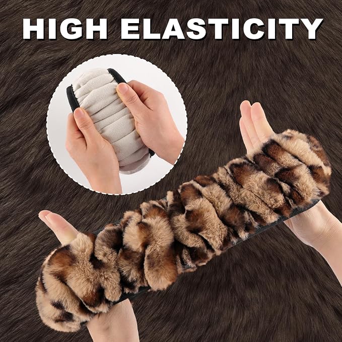 Furry Car Steering Wheel Cover with Gear Shift Cover, Soft and Warm, Cute Fluffy Auto Decor for Women Men, Standard Size, 2 PCS Set, Brown Leopard