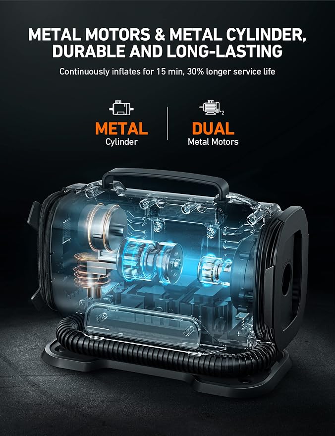 Tire Inflator Portable Air Compressor Pump 150PSI 12V DC/110V AC with Dual Metal Motors&LED Light, Automotive Car Accessories&Two Modes for Car, Bicycle Tires and Air Mattresses, Red