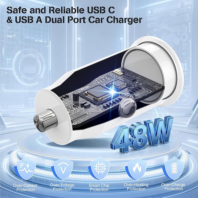 48W USB C Car Charger for iPhone 17 16 15 Pro Max, 48W Dual Port USB-C & USB-A Car Fast Charging Adapter, 2X3FT C to C Cable & A to C Carplay Cable for iPhone 17 16 15 Series/iPhone Air, iPad, Samsung