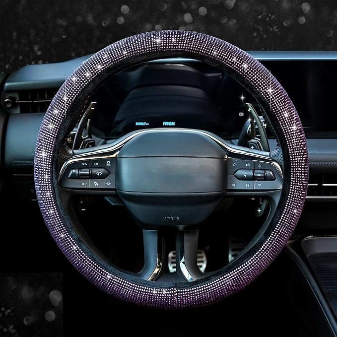 Steering Wheel Cover for Women Bling Bling Crystal Diamond Sparkling Car SUV Wheel Protector Universal Fit 15 Inch Black with Pink Diamond