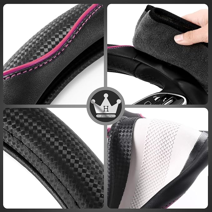3D Car Steering Wheel Cover Comfort Grip Massage Sporty Anti-Slip Carbon Fiber Faux Leather for Sedan SUV, Universal Fit, Car Handle Covers for All Seasons, 14.75-15.15in, Pink