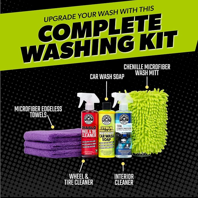 Car Cleaning Kit - with Car Wash Soap, Wheel Cleaner, Total Interior, Car Wash Mitt - Interior and Exterior Wash Kit with Vehicle Cleaning and Detailing Accessories - 7 Item Kit