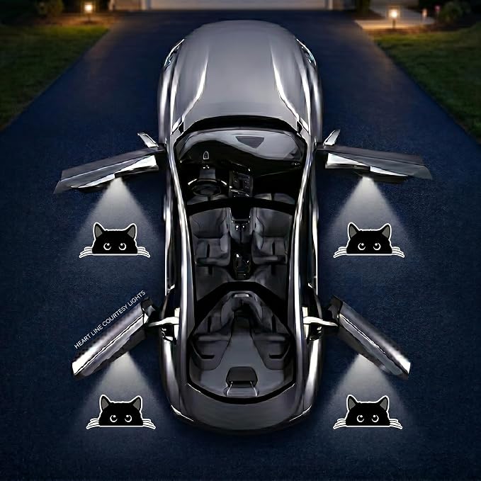 2PCS Peeking Black Cat Car Door Lights Projector, Magnetic Logo Projector Door Lights, Wireless LED Welcome Puddle Light, Black Cat Car Accessories, Cats Gifts for Women Men, Fit All Vehicles