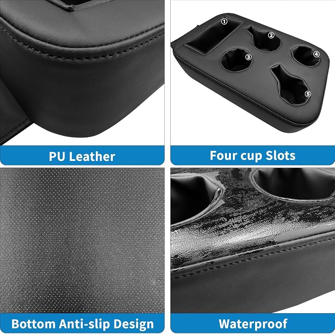 Car Back Seat Cup Holder, PU Leather Couch Sofa Bed Cup Holder Expander Tray, Boat Tray, Organizer for Trucks, Minivans, SUVs, RVs, Vehicles, Holds Drinks, Snacks, Cell Mobile Phone