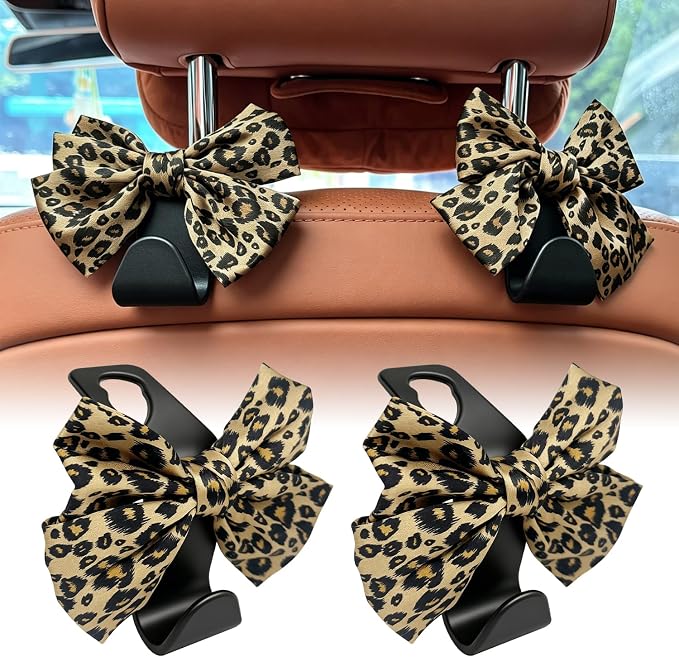 Bow Car Hooks for Purses and Bags, 2 Pack Cute Car Purse Hook, Universal Car Seat Headrest Hooks Bag Holder, Bow Car Accessories, Automotive Purse Hook Hanger Interior Decoration Accessories (Leopard)
