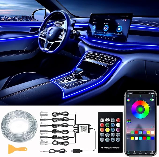 Interior Car LED Strip Lights, RGB 6 in 1 Ambient Lighting Kits with 315 inches Fiber Optic, 16 Million Colors Car Interior Lights with Wireless APP and Remote Control, Sync to Music