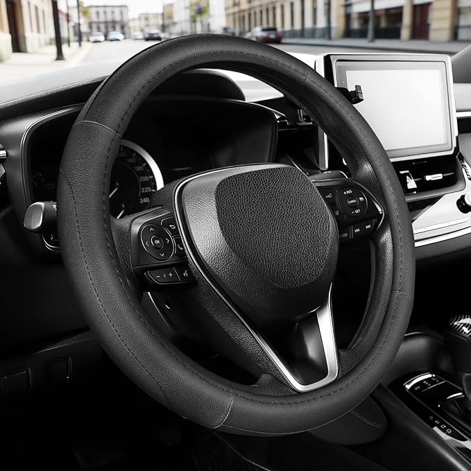 Car Steering Wheel Cover for F-150 Tundra Range Rover 15.5-16 inch, Black Microfiber Leather
