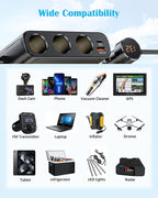 7-1 Cigarette Lighter Splitter, 3-Socket Adapter with PD 30W Type-C | 12V/24V Car Charger, QC3.0 & Dual USB Ports, Independent Switches, Voltage Display, 3.3FT Extension Cord for Truck RV SUV