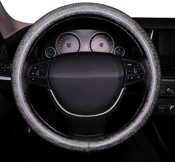Bling Steering Wheel Cover, Bling Crystal Rhinestone Car Steering Cover Universal 14.2-15.3 inch Glitter Car Wheel Cover Sparkling Accessories （Black Silver）