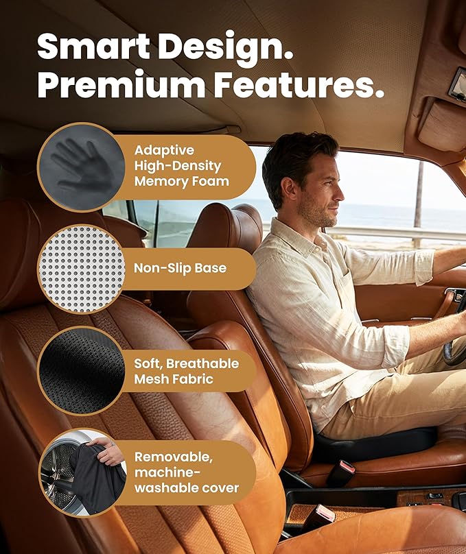 Doctor Recommended Memory Foam Seat Cushion for Office Chairs & Car - Ergonomic Office Desk Accessories - Cushions for Tailbone Pain Relief, Sciatica (Black, Large)
