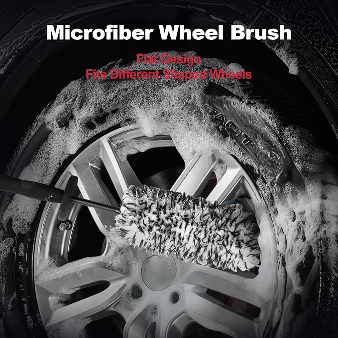 4PCS Wheel Detailing Kit Metal-Free Dual Hardness Towel Care Gift | Scratch-safe metal-free rim brush, dual tire brushes, lint towel, compact portable, brake dust cleaner, DIY & shop gift