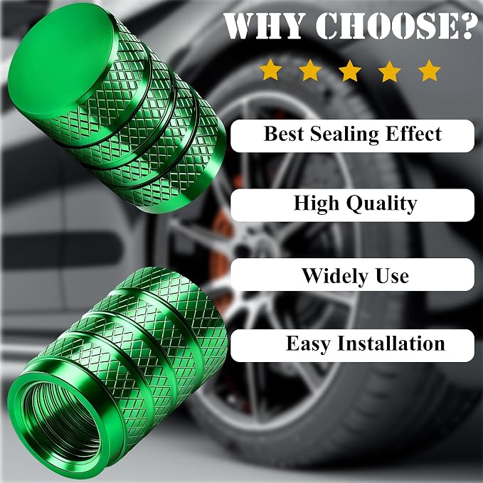 8PCS Tire Valve Stem Caps, Dust Proof, Anodized Aluminum Universal Tire Valve Stem Covers for Cars, SUV, Trucks, Bikes, Motorcycles, Bicycles(Green)