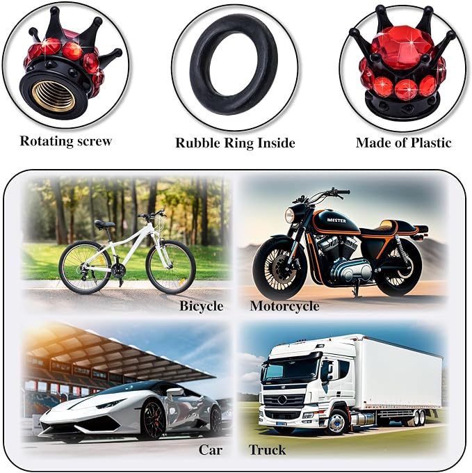 4PCS Crown Bling Tire Stem Valve Caps, Crystal Diamond Car Wheel Tire Valve Caps Universal Copper Core Stem Covers for Cars, SUV, Trucks, Bikes, Motorcycles, Bicycles (Black & Red)