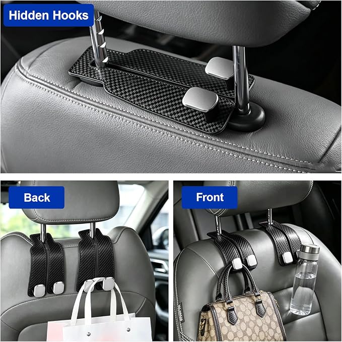 Car Purse Hook, 4-Pack Leather Headrest Hooks for Car | Purse Holder for Car, Car Bag Hooks for Headrest, Universal Back Seat Storage Hooks for Grocery Purses and Bags, Black