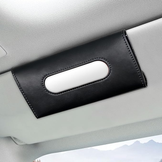Car Tissue Holder, Auto Sun Visor Napkin Holder Hanging Paper Towel Dispenser with Tissue Refill, Premium Leather Napkin Case Mask Organizer for Backseat & Visor, Car Accessories (Black)
