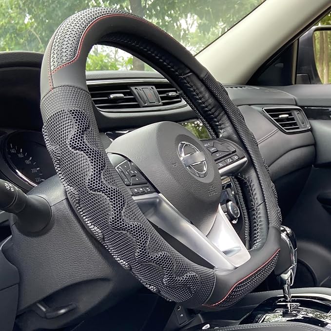 D Shaped 14 Inch Small Sized Steering Wheel Cover Great Grip with 3D Honeycomb Anti-Slip Design, Flat Bottom 14 Inch (Black/Red Stitch)