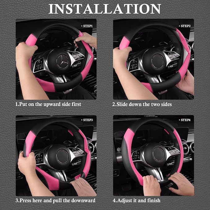Faux Leather Steering Wheel Cover and Waterproof Car Floor Mats,Universal Car Combo Fit for 95% Sedan,SUV,Cars,14.5-15inch Sporty Anti-Slip Safety Comfortable Design(Black＆Pink)