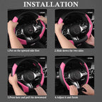 Faux Leather Steering Wheel Cover and Waterproof Car Floor Mats,Universal Car Combo Fit for 95% Sedan,SUV,Cars,14.5-15inch Sporty Anti-Slip Safety Comfortable Design(Black＆Pink)