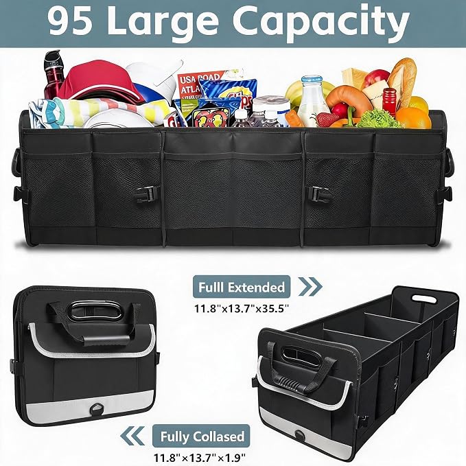 Heavy Duty Collapsible 95 L Capacity Car Trunk Storage Organizer,Multi-Compartment Pockets, Adjustable Straps - Ideal for Travel, Camping, Shopping,Perfect for SUV, Truck, Sedan