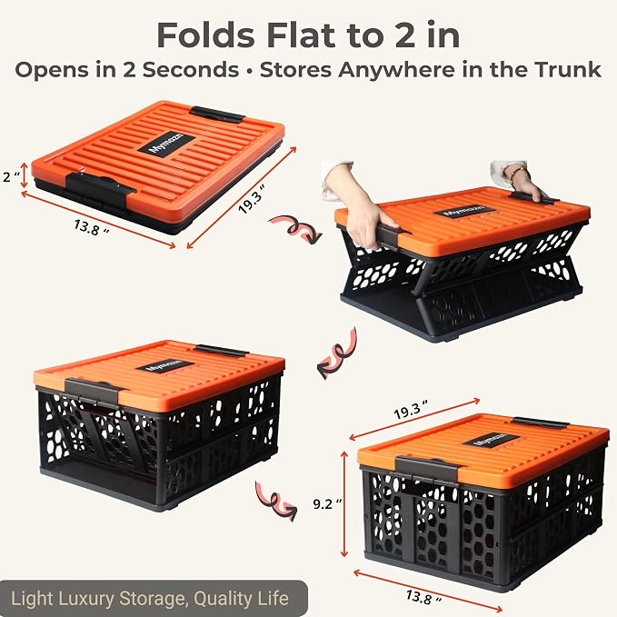 Trunk Organizer Plastic for Car, Orange | Collapsible Crate Storage, With Lid, Waterproof Bag, Optional Insulated Cooler, For SUV, Groceries, Camping