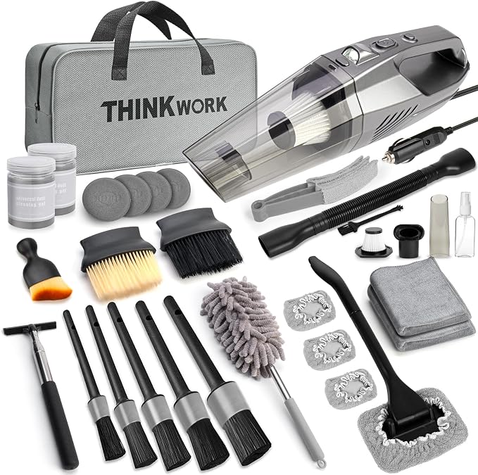 Car Cleaning Kit, Car Detailing Kit Interior Cleaner with High Power Handheld Vacuum, 10Pcs Detailing Brush and Storage Bag, Gray Auto Interior Cleaning Kit for Men
