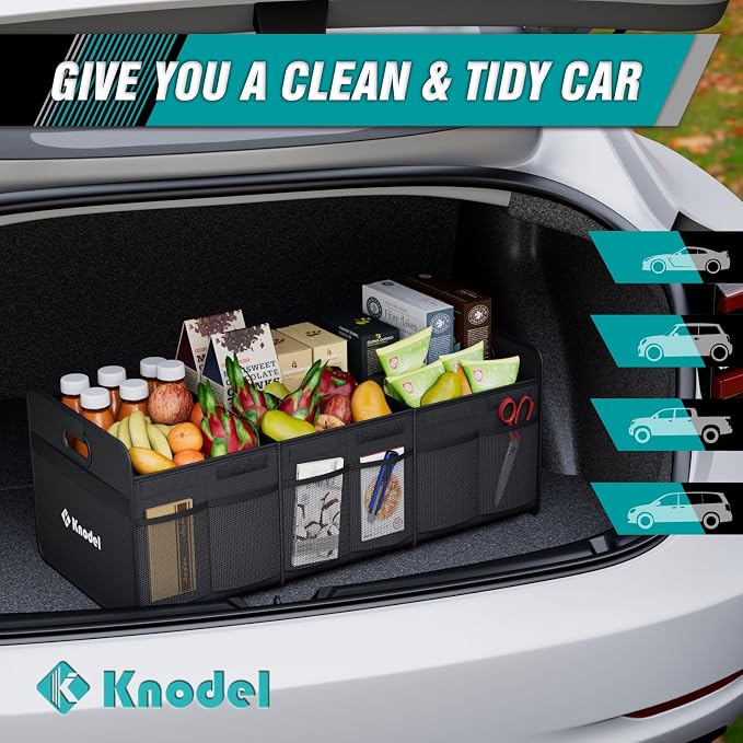 K KNODEL Car Trunk Organizer, Foldable Organizer for Car, Automotive Consoles & Organizers, 3 Compartments Storage with Reinforced Handles (Large, Black)