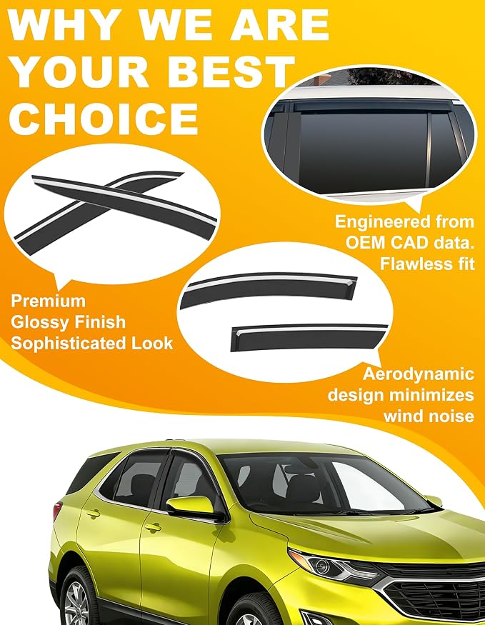 Low-Profile Window Rain Guard for Chevy (Chevrolet) Equinox 2018-2024 Rain Guards Side Window Visors Extra-Thick Vent Visor Window Deflectors Tape-on Vent Shades Car Accessories 4-pcs