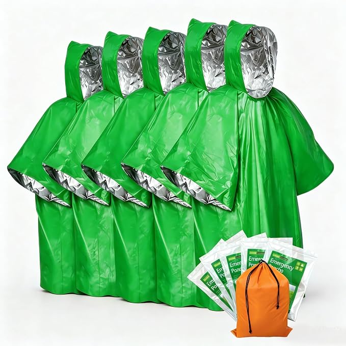 5Pack Emergency Poncho Portable Survival Rain Poncho with Hood for Adults Emergency Supplies and Survival Kits for Outdoor Camping,Hiking,First Aid,Green