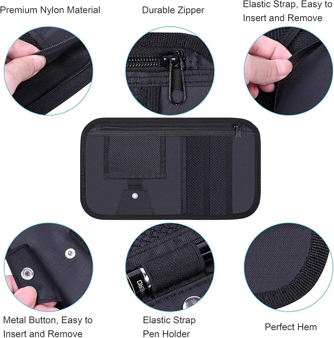 Car Sun Visor Organizer, Vehicle Interior Accessories Storage Pouch Auto Registration Holder with Elastic Strap for Sunglass, Documents, Cards, Pen, Drivers License, etc. (Black)