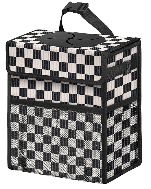 Corduroy Car Trash Can with Lid and Mesh Pockets - Leakproof Organizer,Multipurpose Waterproof Garbage Can/Trash Bin for Car(Black and White Check-2 Gallons)