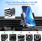 Car Phone Holder Mount, Super Stable Air Vent Cell Phone Car Mount with 2025 Metal Hook Clip, 360° Rotation,One Button Release for iPhone, Galaxy, Google, and All Other Smartphones
