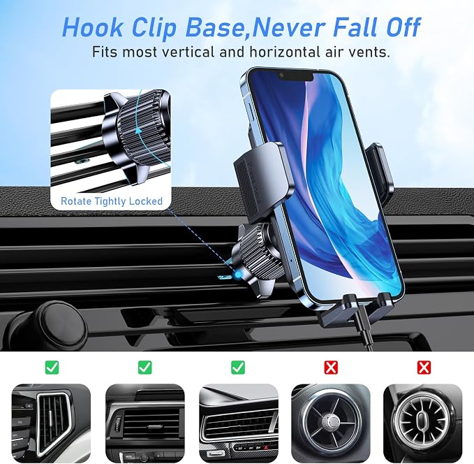 Car Phone Holder Mount, Super Stable Air Vent Cell Phone Car Mount with 2025 Metal Hook Clip, 360° Rotation,One Button Release for iPhone, Galaxy, Google, and All Other Smartphones