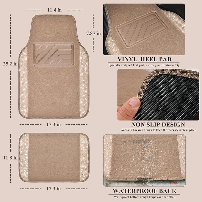 Bling Car Mats Shining Diamond Carpet Crystal Rhinestones Sparkly Glitter Floor Mats with Anti-Slip PVC Heel Pad Universal Fit for Automotive SUV, Sedan, Car, Van, 4pcs for Girl Women, Beige