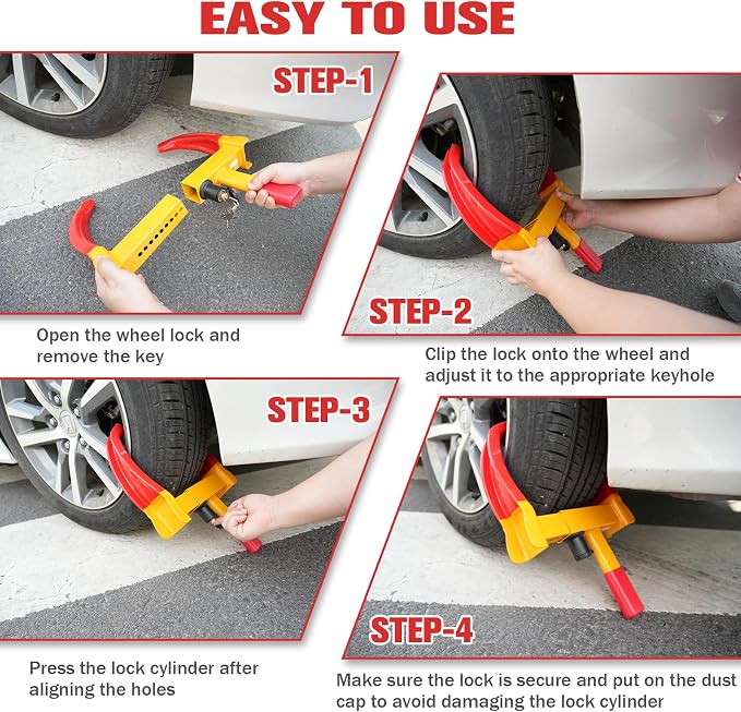 2Pcs Universal Heavy Duty Wheel Lock - Anti Theft Trailer Lock & Car Boot, Adjustable Security Tire 11.4" for Trailers, Cars, Golf Cart, ATV, SUV, RV, Boat, Camper, Motorcycle,6 Keys,Yellow+Red