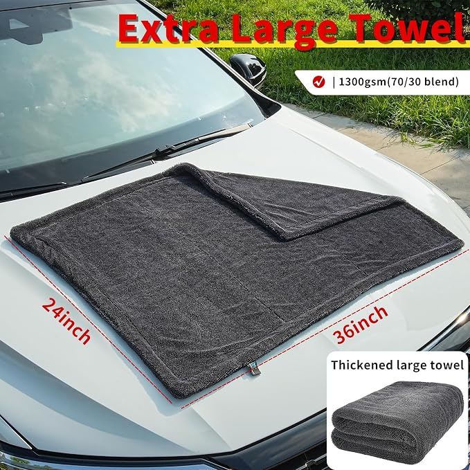 Wasal Car Drying Towel, 24" x 36" XL | 1300 GSM Microfiber, Edgeless Twisted Loop Design, 70/30 Blend, Super-Fast Drying, Streak Free